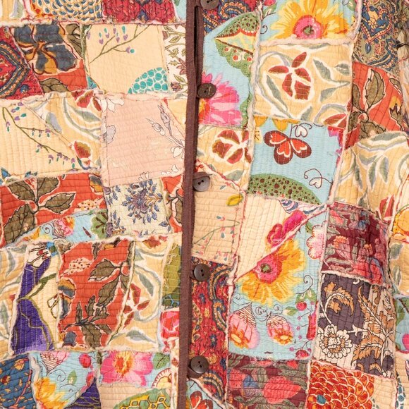 Patchwork Kantha Jacket XL Floral Boho Peasant Festival Long Layering Earthy - Picture 3 of 6